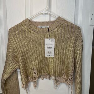 Zara Metallic Gold Ribbed Sweater
